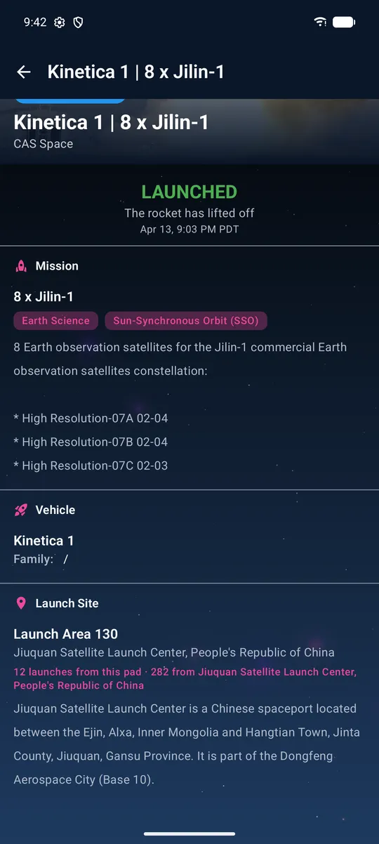 Liftoff flight summary with launch site details